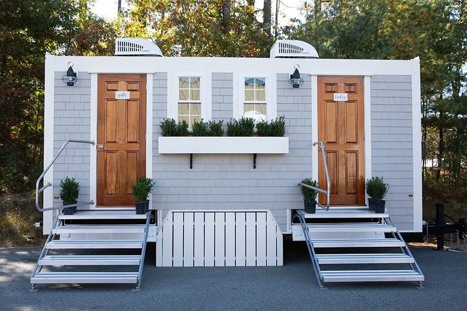 Wedding restroom units discretely staged at a venue in Fresno, California